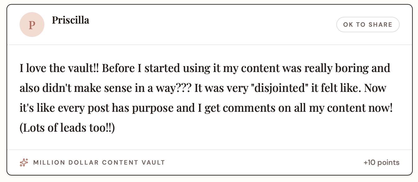 Priscilla's testimonial about the Million Dollar Content Vault
