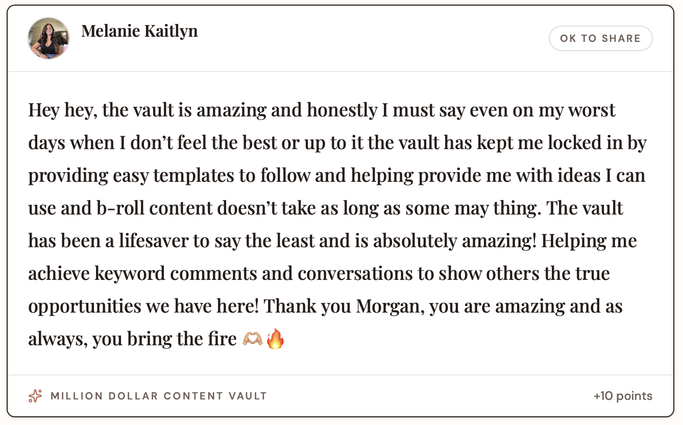 Melanie Kaitlyn's testimonial about the Million Dollar Content Vault