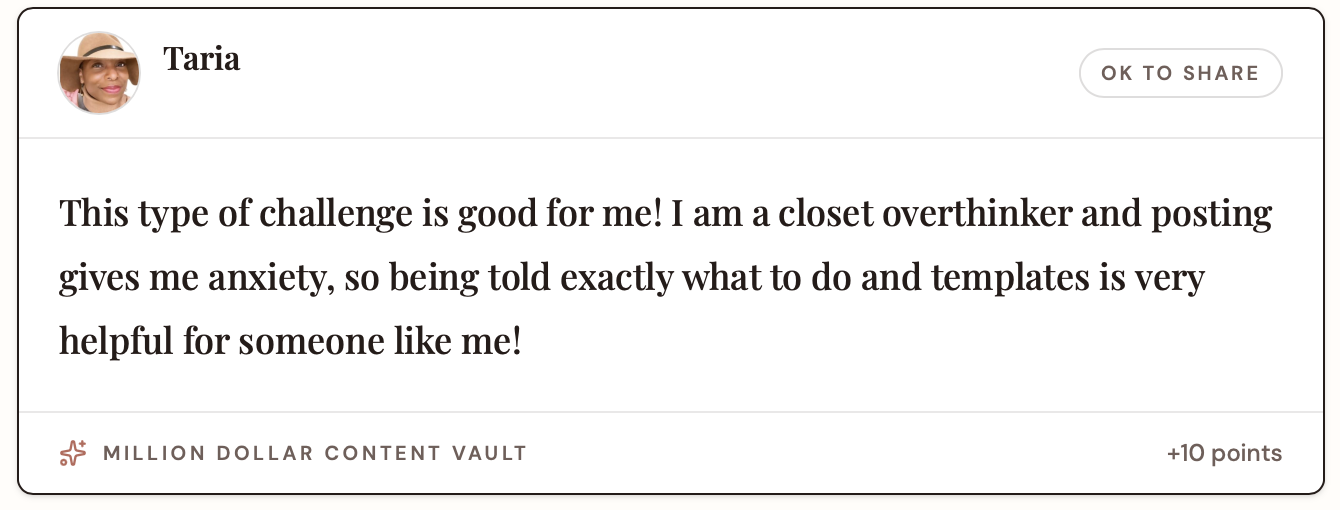 Taria's testimonial about the Million Dollar Content Vault