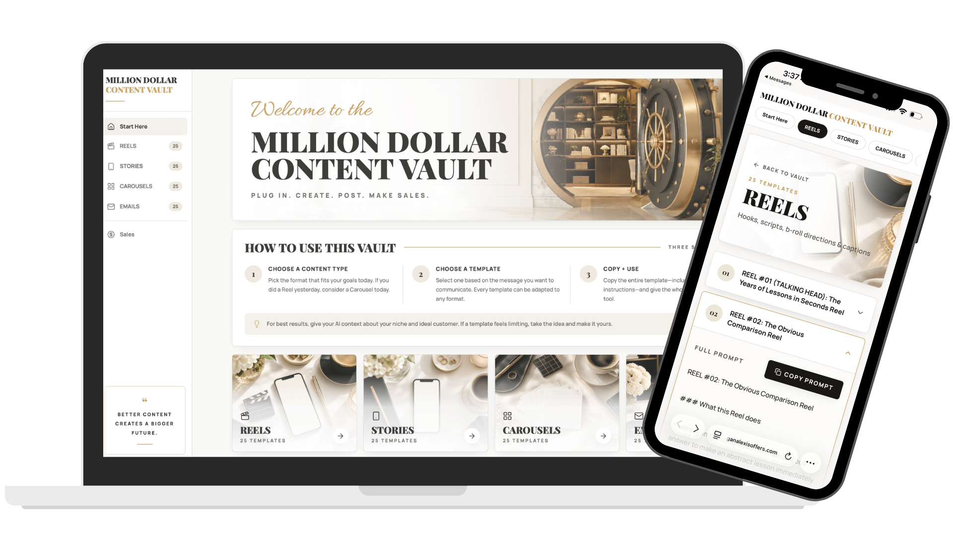 Million Dollar Content Vault mockup showing the template library on laptop, tablet, and phone