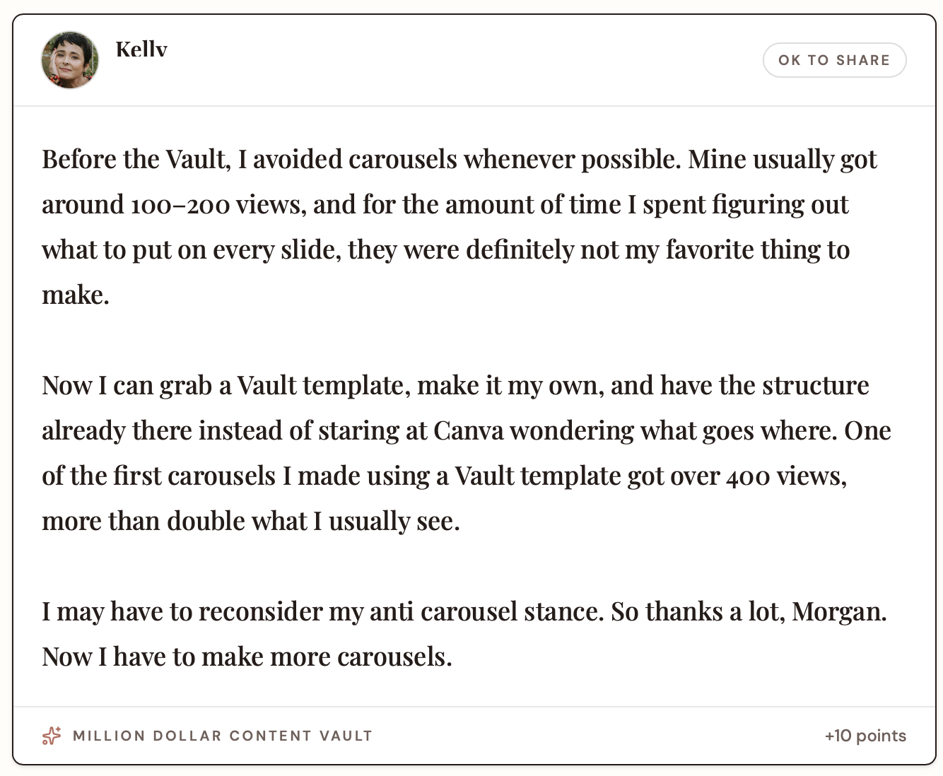 Kelly's testimonial about the Million Dollar Content Vault